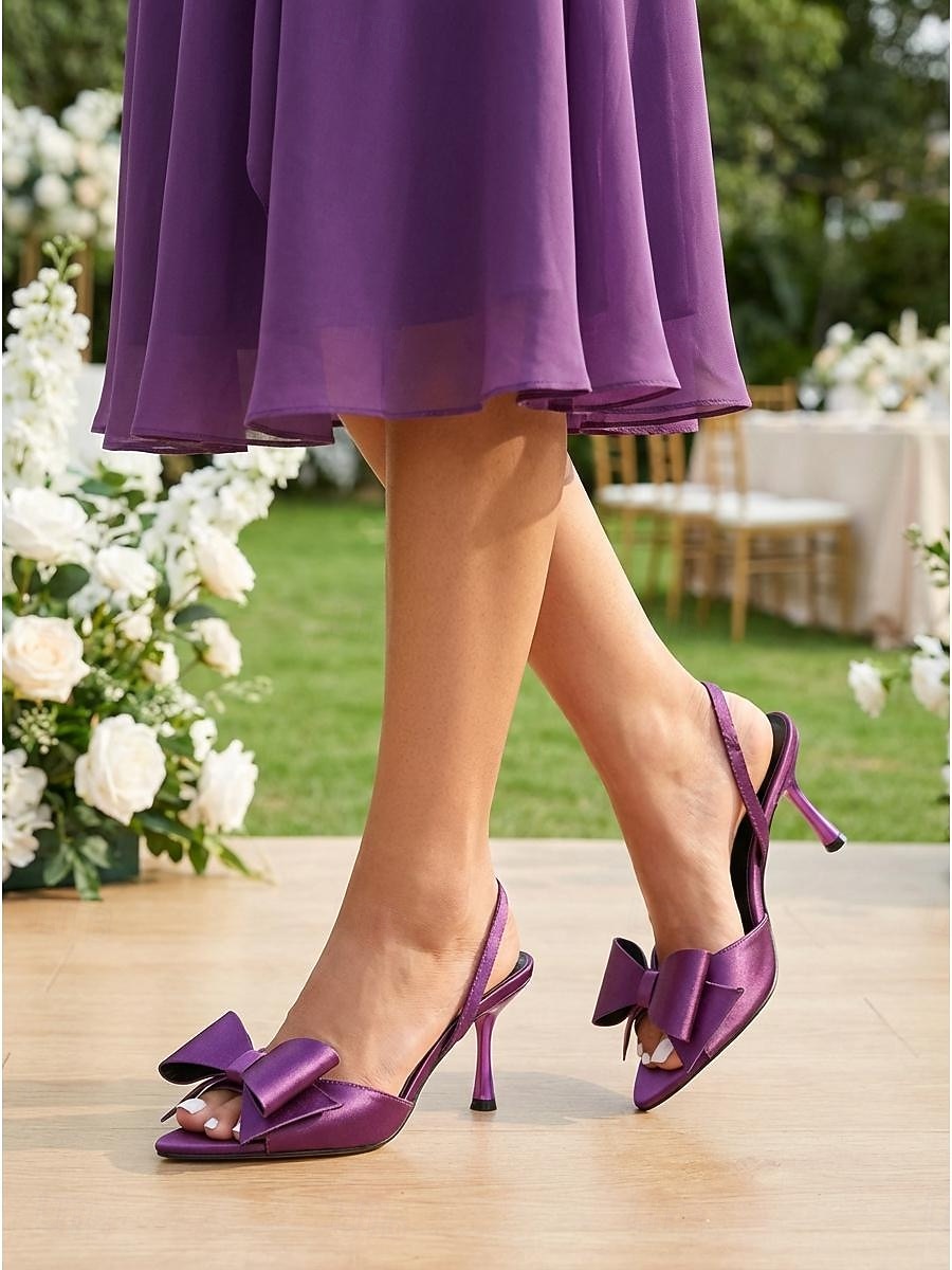 Sandalias de tacón con tira trasera y lazo morado para mujer: elegantes zapatos de vestir con punta abierta para invitadas a bodas en jardines. &fiestas de verano 2026 - $54.99 –P1