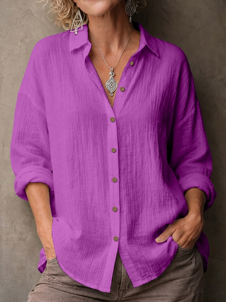 2026年 女性用 シャツ ブラウス フェイクリネンシャツ 純色 ベーシック カジュアル 長袖 ラペル レギュラートップス カジュアル 日常 ブルー ブラック ホワイト イエロー ピンク 夏 春  コレクション – ₪71 –P6