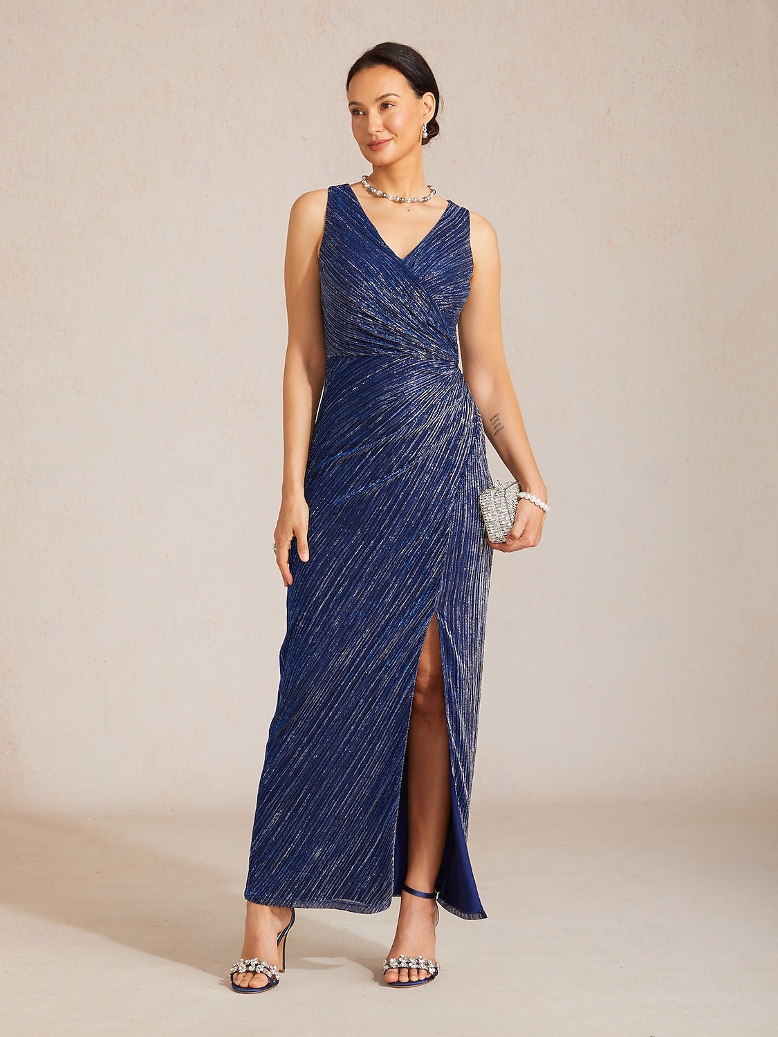 Dam Maxiklänning Sheath Dress Wrapklänning Elegant Kvällsfest Bröllopsgäst Plisserad Metallisk Normal Ensfärgat Ärmlös V-hals Marinblå 2026 - E£7572.06 –P5