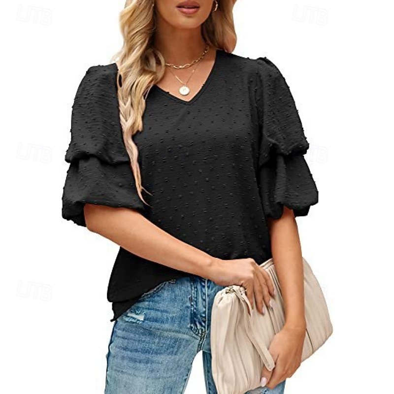 Mulheres Camisa Social Blusa Tops de chiffon Tecido à moda Básico Clássico Manga Curta Manga Princesa Decote V Tops regulares Casual Diário Feriado Azul Preto Branco Vinho Verde Escuro Verão Primavera de 2026 por $18.49 –P12
