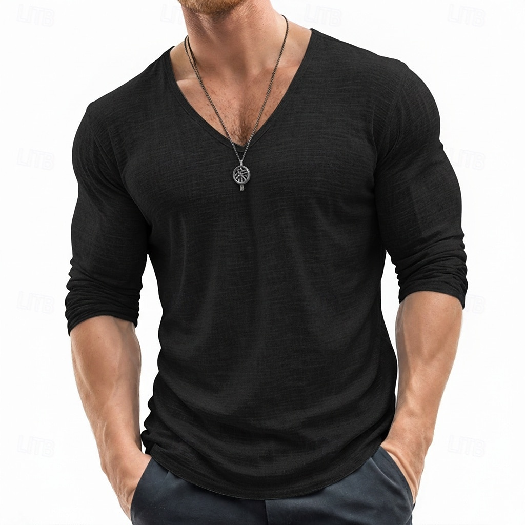 tricou bărbătesc din in, mânecă lungă, decolteu în V, vară, primăvară &Tricou de vară, culoare solidă, simplu, zilnic, casual, stil stradal, simplu, exterior, casual, albastru deschis, albastru-negru, 2026 - $20.99 –P10