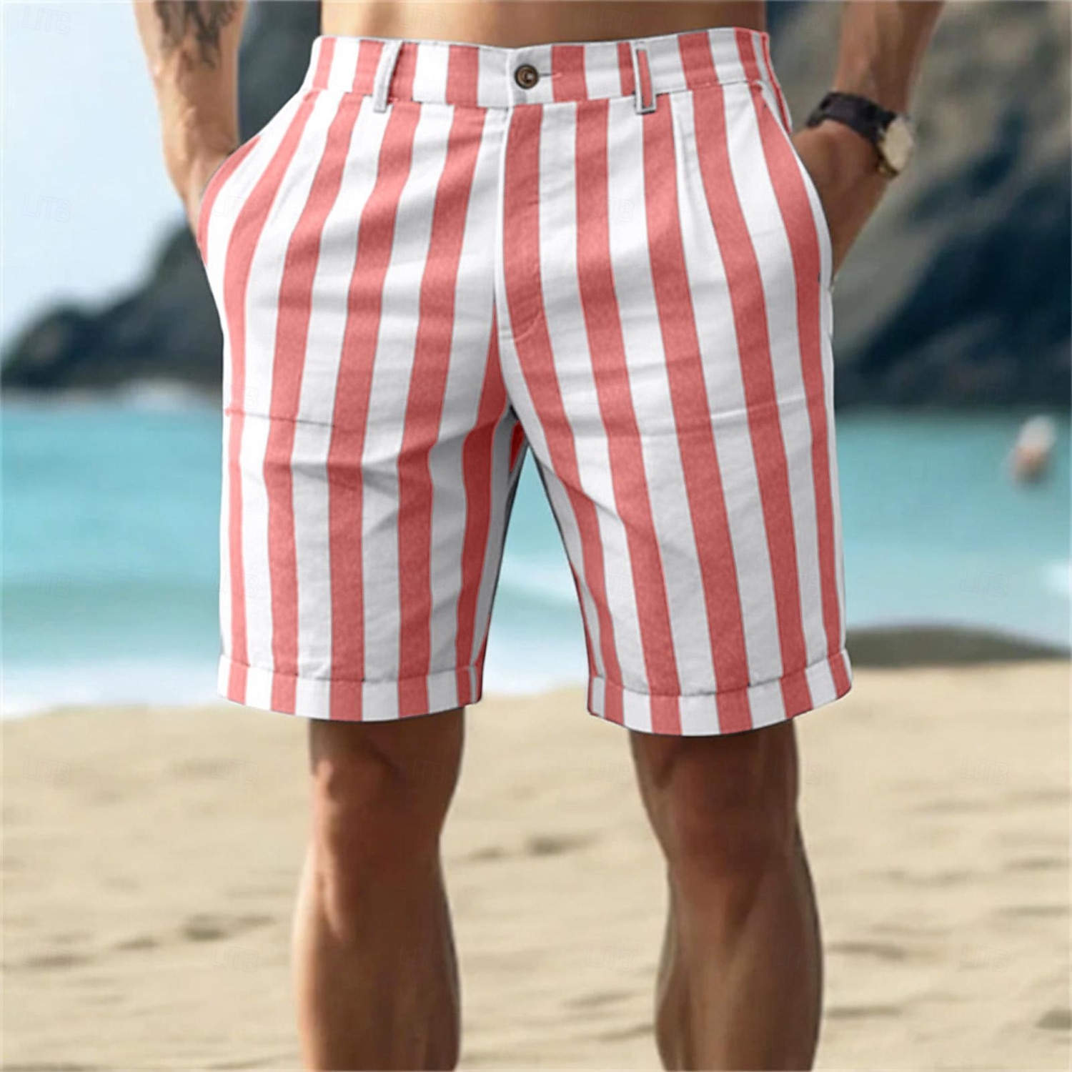 Homens Calção Shorts de linho Shorts de verão Shorts de praia Bolsos Cintura elástica Listrado Conforto Respirável Comprimento do joelho Ao ar livre Praia Feriado Férias Azul Rosa Sem Elasticidade de 2026 por $24.99 –P8