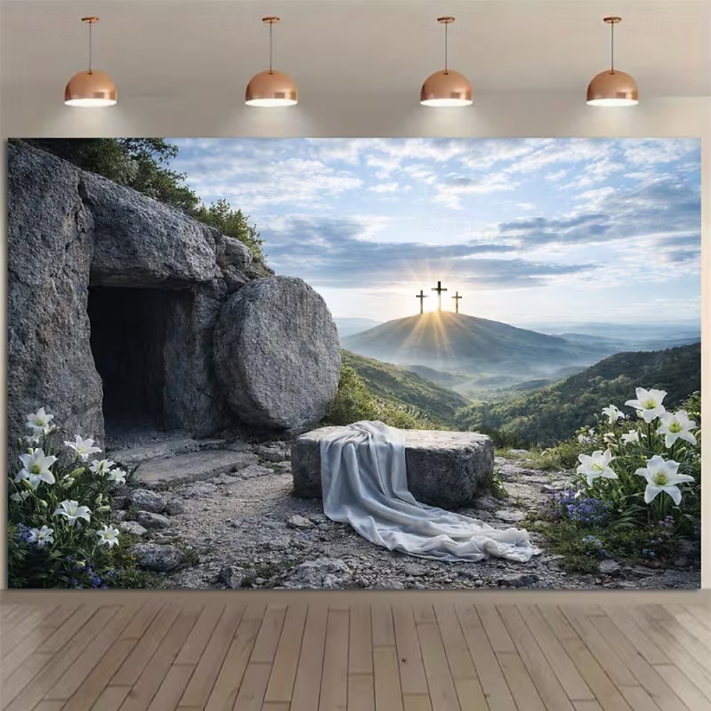 Wielkanocne zmartwychwstanie, pusty grób Jezusa, zmartwychwstał, trzy krzyże, kamień odsunięty, Golgota, święte światło, brama garażowa, baner, gobelin, tło zewnętrzne do kościoła, wystrój domu i 2026 - $20.99 –P5