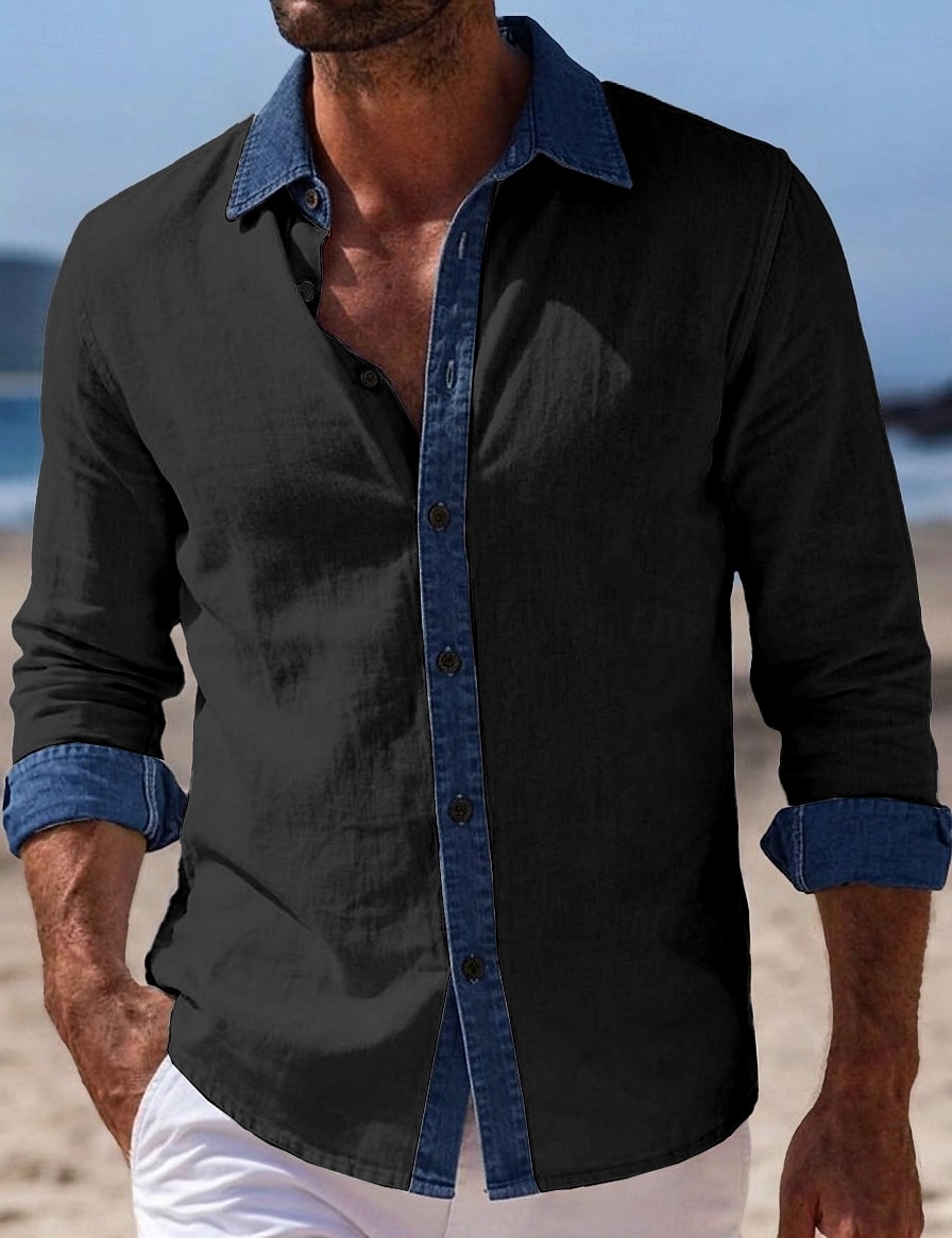 Men's Shirt Linen Shirt Summer Shirt Beach Wear Beach Shirt Button Up Shirt Color Block Vacation Holiday Blue Black White Pink Long Sleeve Turndown Summer Spring Clothing Apparel Patchwork 2026 - $26.99 –P5
