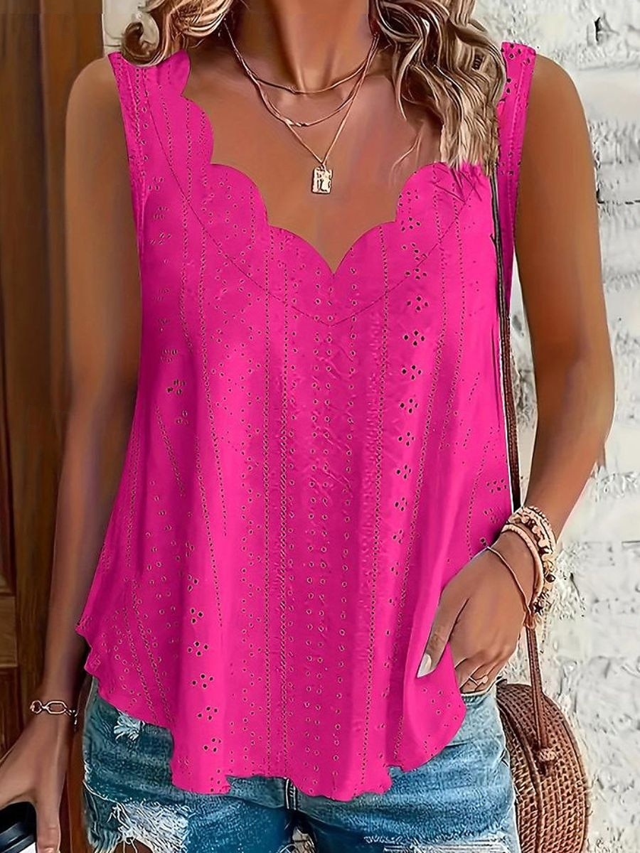 Women's Texture Blouse Eyelet Top Pointelle Tee Blouse Hollow Out Plain Casual Sleeveless V Neck Regular Tops Casual Daily Beach Blue Black White Yellow Pink Summer Spring 2026 - $24.99 –P9