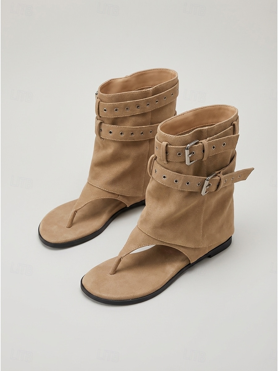 Damskie czarne botki na średnim obcasie z japonkami – stylowe sandały ze skóry ekologicznej z paskami z potrójną klamrą na festiwale muzyczne i imprezy rave &miejska odzież uliczna 2026 - $46.99 –P2