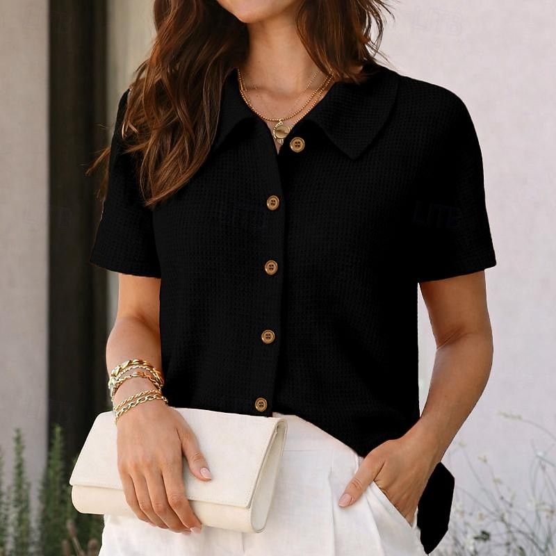 Per donna Camicia Camicia a nido d'ape Camicia casual Camicia con Bottoni Bottoni Tinta unica Semplice Vacanza Moda Quotidiano Manica Corta Collo ripiegato Top Regolari All'aperto Abbigliamento del 2026 a $25.99 –P7