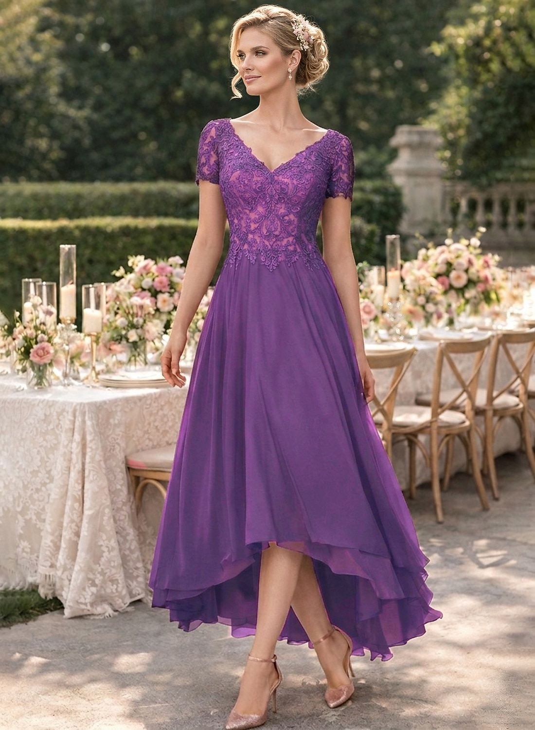 A-linje Asymmetrisk Festkjole Cocktail Kjole Gjestekjole til bryllup Kjole til brudens mor Kortermet V-hals Elegant Formell Bryllupsgjest Formell kveld Chiffon med Ensfarget 2026 - $160.99 –P6