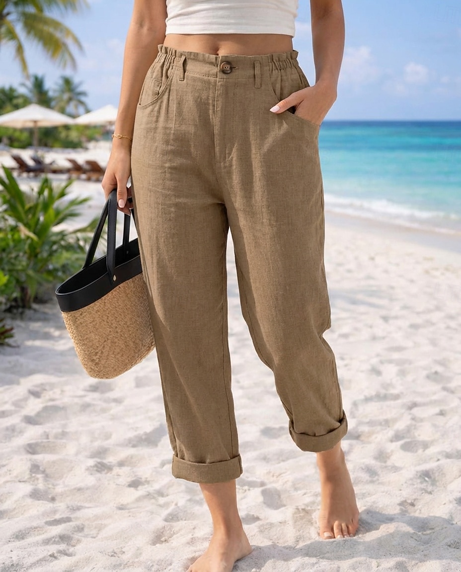 Pentru femei Pantaloni cu aspect de in Pantaloni casual Vacanță De Bază Lungime până la glezne Talie Înaltă Comfortabil Inelastic Vacanță Oficial Stradă Albastru piscină Gri Închis Caisă Negru Var 2026 - $29.99 –P4