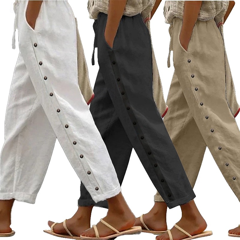 3er-Pack Damenhosen, Sommerhosen, Freizeithosen, Urlaubshosen, Basic-Hosen, knöchellang, natürliches, schlichtes Design, Seitentaschen, seitliche Knöpfe, bequem, atmungsaktiv, nicht elastisch, ideal für Wochenendausflüge 2026 - $65.99 –P8