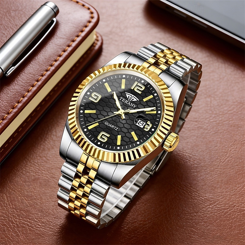 Montre homme de luxe, cadran noir nid d'abeille, mouvement quartz bicolore or et argent en acier inoxydable, lunette cannelée, montre habillée avec date, bijou élégant à offrir. de 2026 ? $21.99 –P4