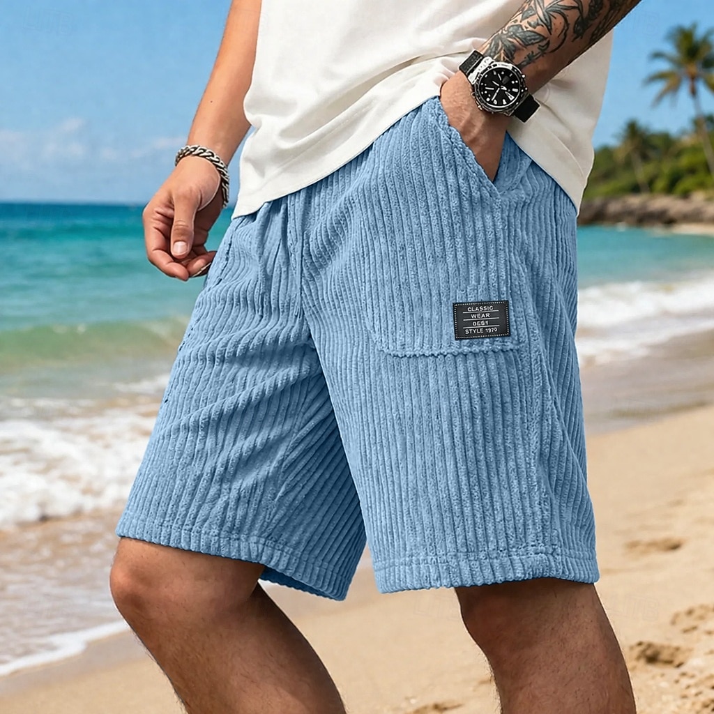 Men's Shorts Casual Shorts Corduroy Shorts Pocket Elastic Waist Plain Textured Comfort Breathable Knee Length Casual Outdoor Beach Vacation Fashion Black White Stretchy 2026 - $26.99 –P1