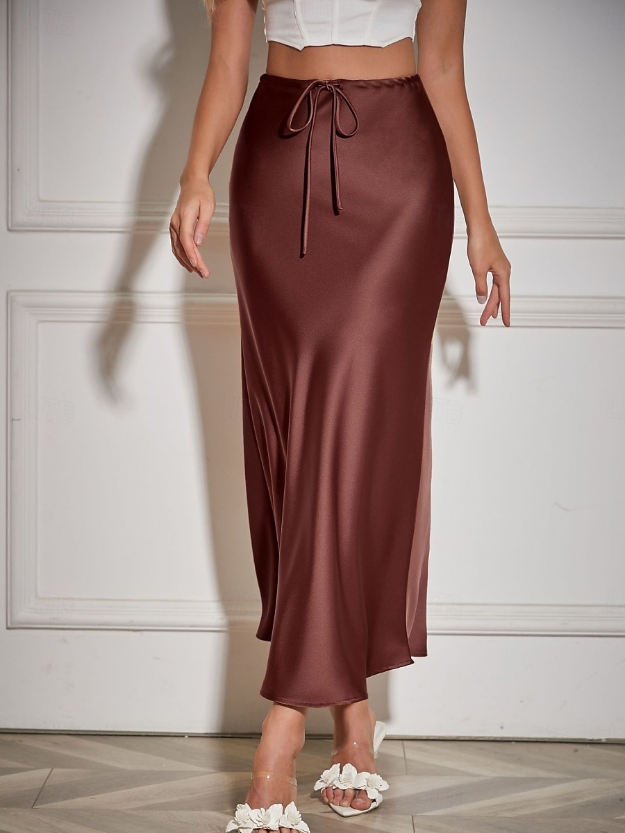 Per donna Gonne in raso Elegante Moda Maxi Vita Alta Gonne Semplice Coulisse Micro-elastico Feste Data Nero Blu marino Marrone chiaro Marrone Estate del 2026 a $40.99 –P9