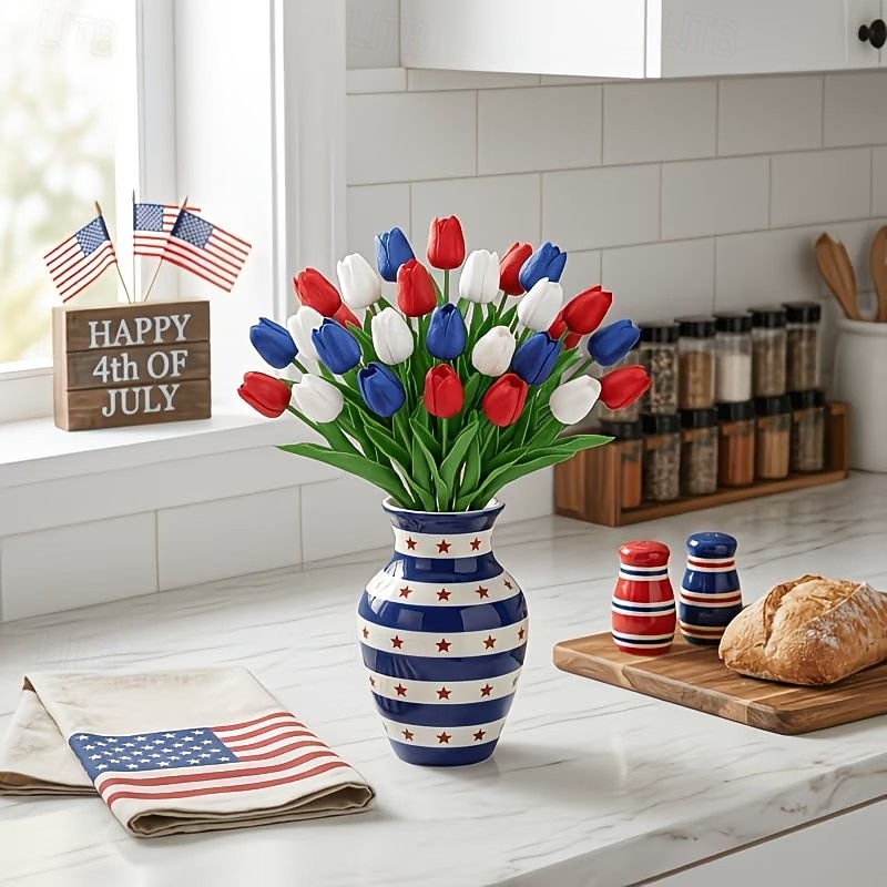 Conjunto de 20 tulipas artificiais vermelhas, brancas e azuis com toque realista, flores patrióticas de imitação adequadas para decorações do Dia da Independência (4 de julho), decoração de casa e de 2026 por $22.99 –P9