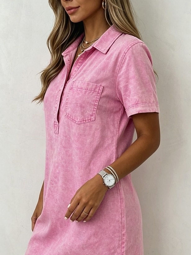 Mujer Mini vestido Vestido vintage Vestido informal Vestido de imitación de mezclilla Moda Básico Diario Exterior Vacaciones Holgado Plano Manga Corta Cuello Camisero Azul Piscina Rosa Claro Negro 2026 - $34.99 –P4
