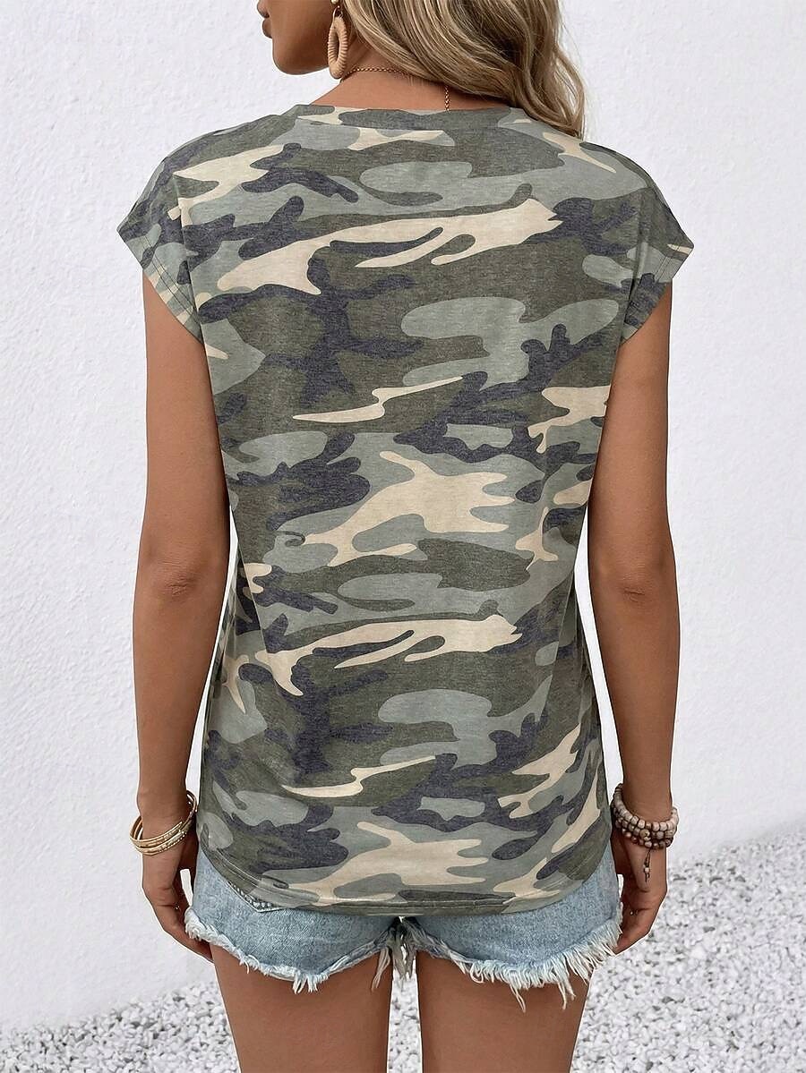 Per donna Maglietta Canotta Stampato Grafico Mimetico Elegante Classico Casual Senza Maniche Manica Corta Scollo a V Top Regolari Quotidiano Verde Estate Primavera del 2026 a $19.99 –P2
