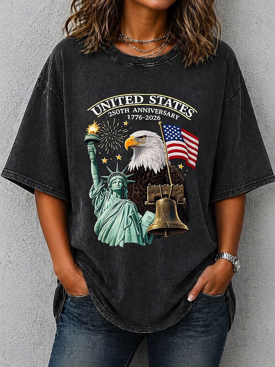 amerikanska självständighetsdagen dam-t-shirt i 100 % bomull bomullsskjorta vintage tvättad topp tryck grafiskt flagga snygg grundläggande klassisk kortärmad rund hals vanlig topp casual daglig blå svart lila grön 2026 - $29.99 –P4