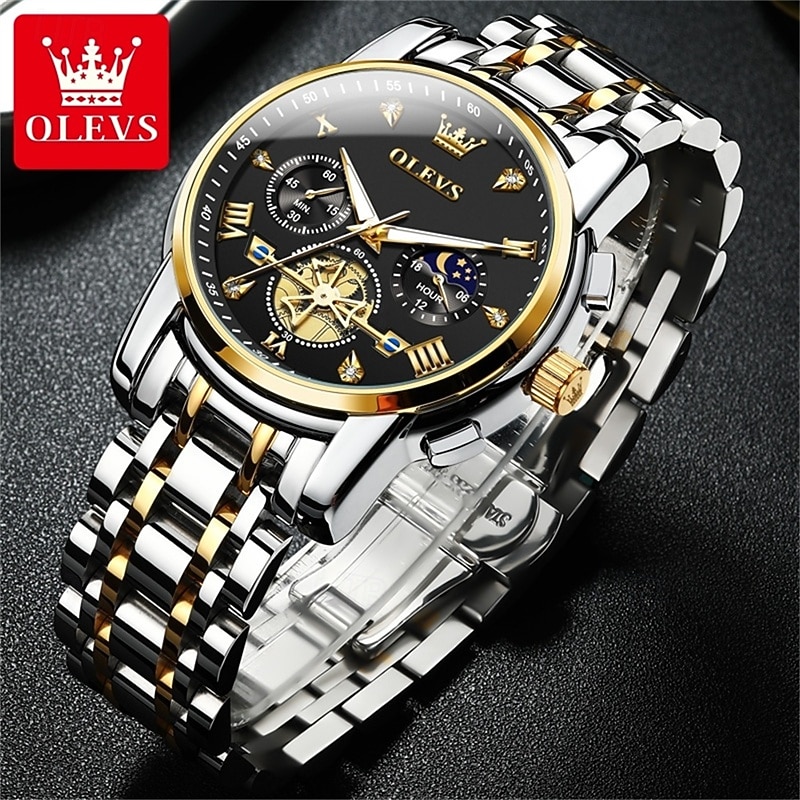 Olevs heren automatisch horloge luxe skeleton mechanisch polshorloge met maanfase waterdicht lichtgevend tweekleurig roestvrijstalen zakelijk modehorloge voor heren 2026 - $45.99 –P2
