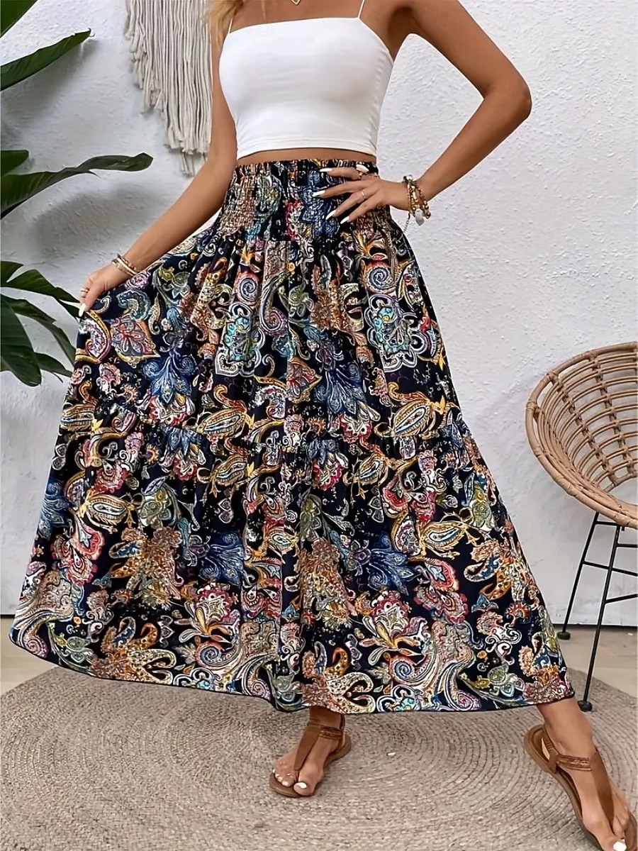 Mujer Falda de vacaciones Bohemia Vintage Casual Maxi Alta cintura Faldas Cachemir Estampado Elástico Diario Calle Negro Vino Rojo Naranja Verano 2026 - $26.99 –P1