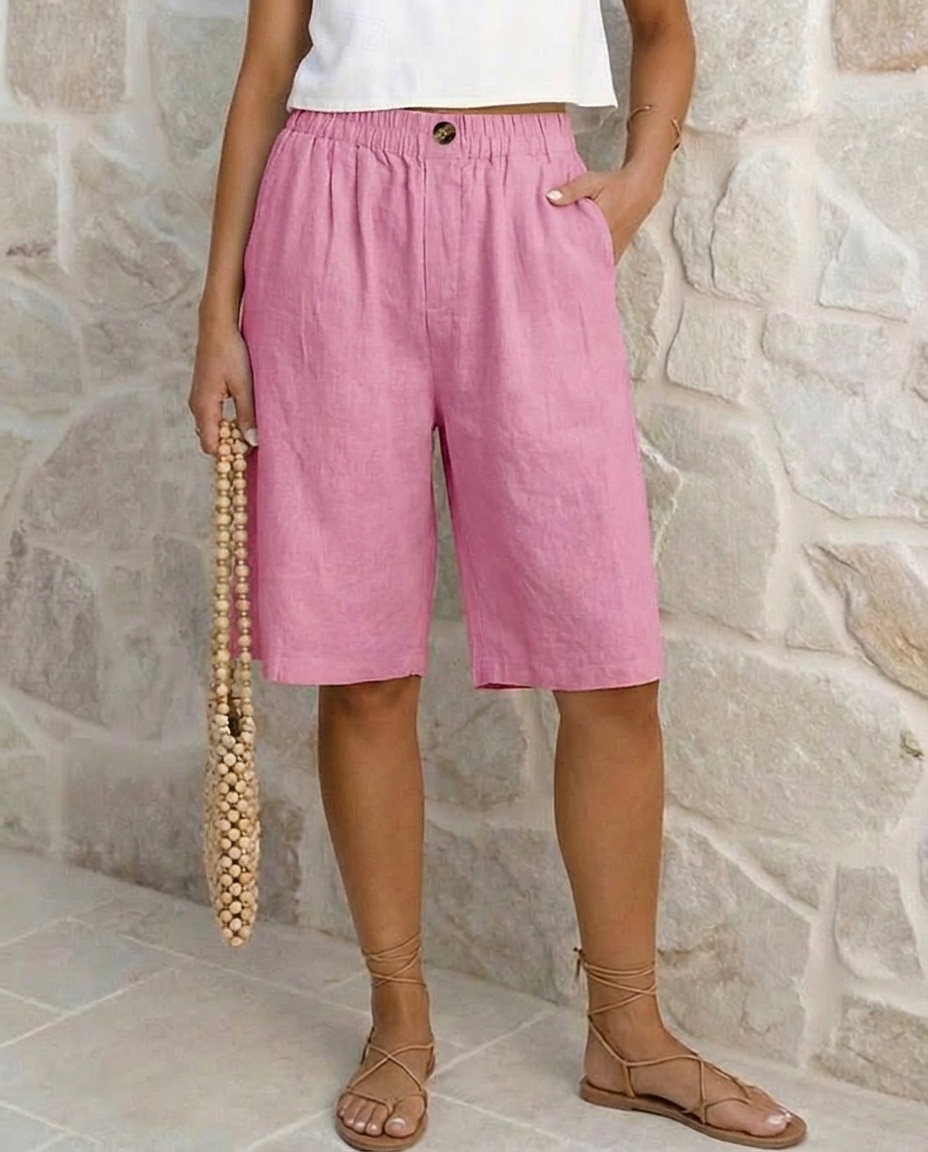 Mulheres Calças com toque de linho Bermudas Calças Capri Calção Férias Moda Roupa de rua Comprimento do joelho Cintura Alta Tecido Bolsos Cintura elástica Respirabilidade Confortável Respirável Com de 2026 por $9.49 –P1