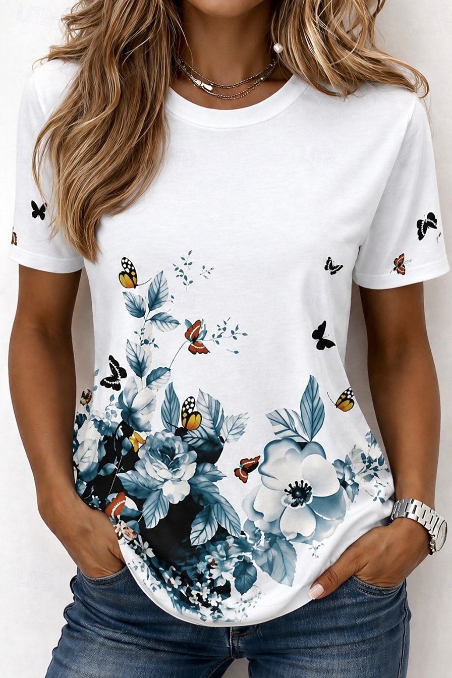 Damen T Shirt Druck Blumen Grafik Pflanzen Bohemien Hawaiianisch Stilvoll Kurzarm Rundhalsausschnitt Rundhals Normale Oberteile Lässig Täglich Weiß Weiß 2 Weiß 3 Sommer Frühling Herbst 2026 - $21.99 –P1