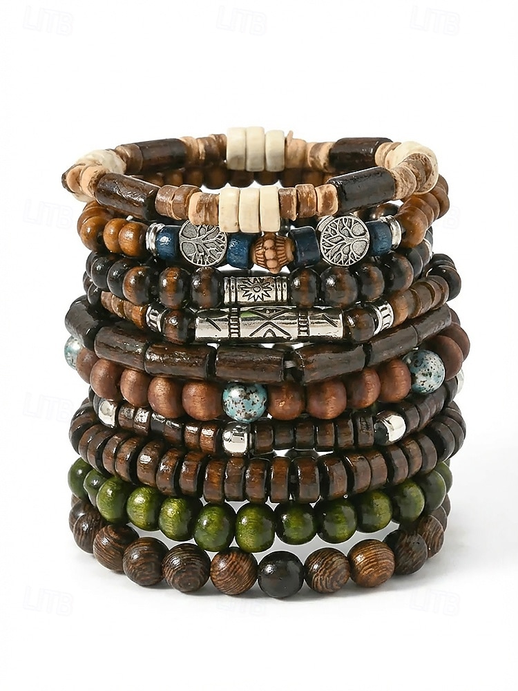 Σετ ανδρικών βραχιολιών με ξύλινες χάντρες μποέμ, 10 ελαστικά βραχιόλια με χάντρες που στοιβάζονται για διακοπές στην παραλία, καθημερινή casual ένδυση, ταξίδια και φεστιβάλ 2026 - $11.99 –P6