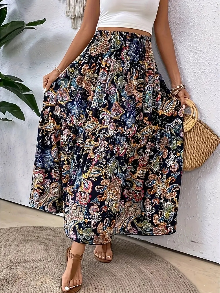 Mujer Falda de vacaciones Bohemia Vintage Casual Maxi Alta cintura Faldas Cachemir Estampado Elástico Diario Calle Negro Vino Rojo Naranja Verano 2026 - $26.99 –P2