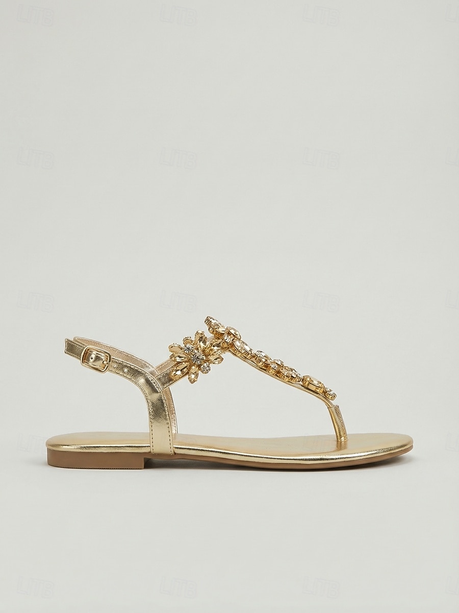 Women's Gold Crystal Flat Sandals, Open Toe T-Strap Evening Dress Shoes for Resort Dinner, Vacation & Summer Evening Events 2026 - $34.99 –P5