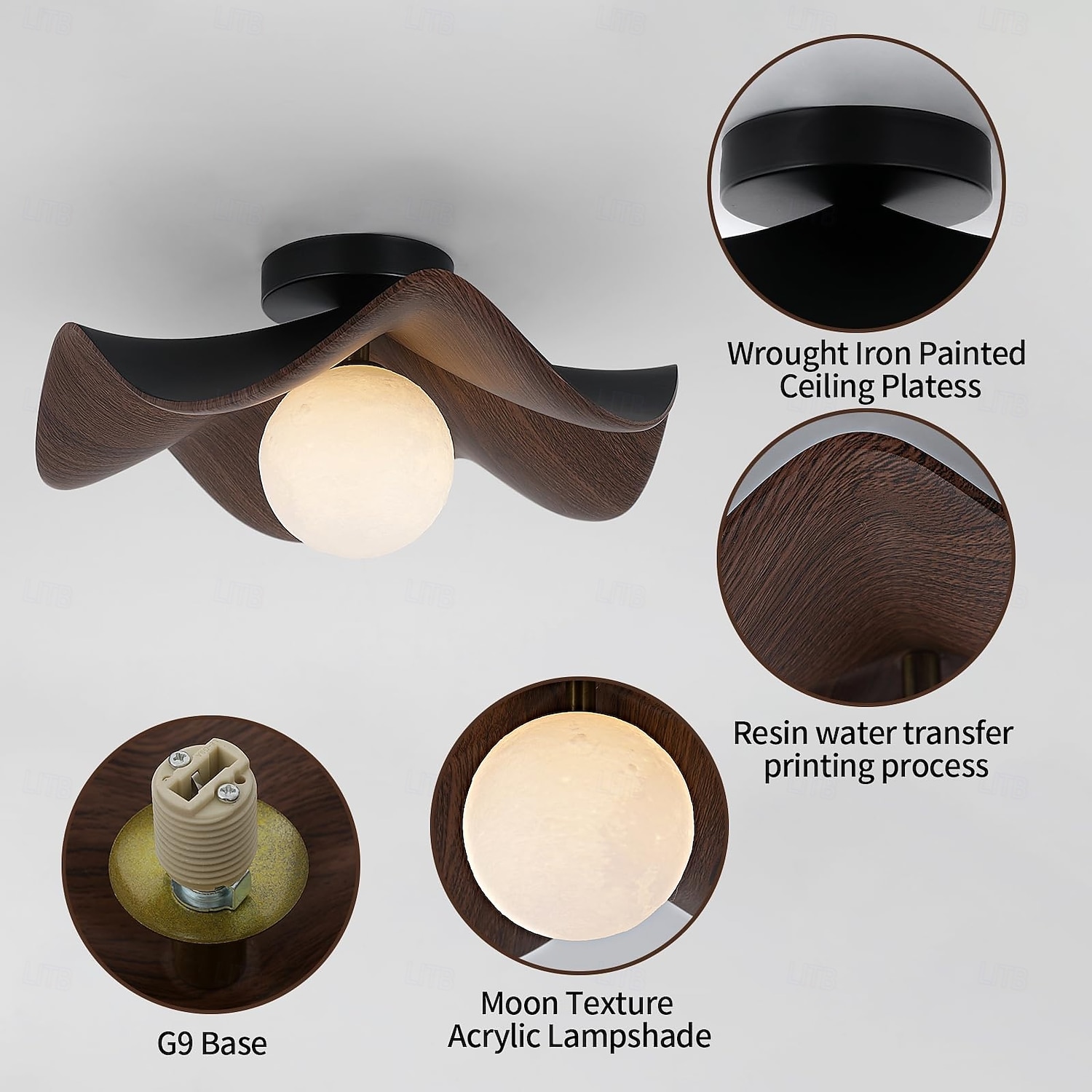 Plafonnier moderne et épuré en forme de feuille de lotus, vis G9, en fer imitation noyer, idéal pour une chambre, une chambre d'enfant, un couloir, un salon ou un balcon. de 2026 ? $133.99 –P9