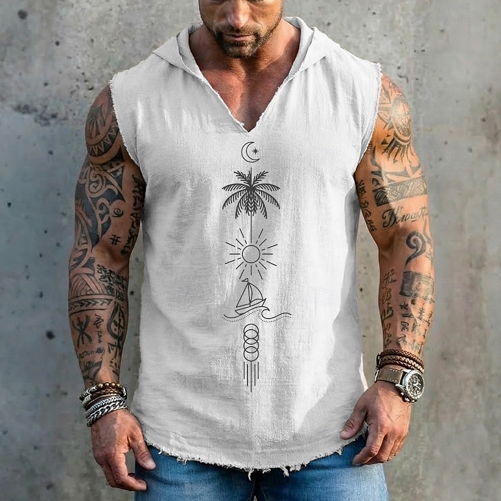 Herren-Kapuzenjacke mit geometrischem Palmen-, Sonnen-, Segelboot- und Mondmuster im Boho-Stil, ärmellos, locker geschnitten, V-Ausschnitt, ausgefranster Saum, Sommer, Strandurlaub, Designer-Kleidung, 2026 - $19.99 –P4