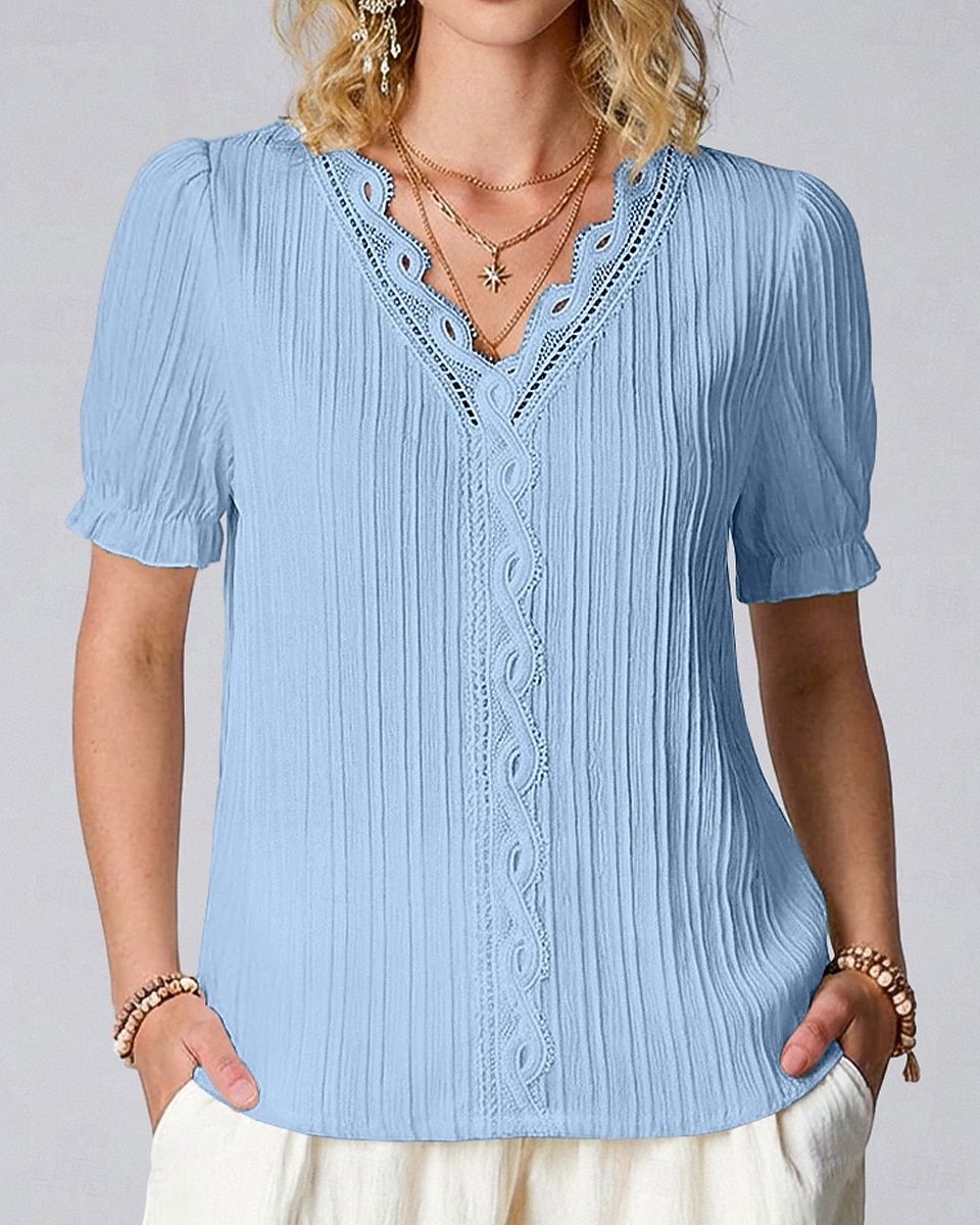 Women's T Shirt Lace Splicing Top Tee Top Lace Patchwork Plain Fashion Stylish Classic Short Sleeve V Neck Regular Tops Daily Going out Weekend Black White Yellow Purple Fuchsia Summer Spring 2026 - $17.49 –P4