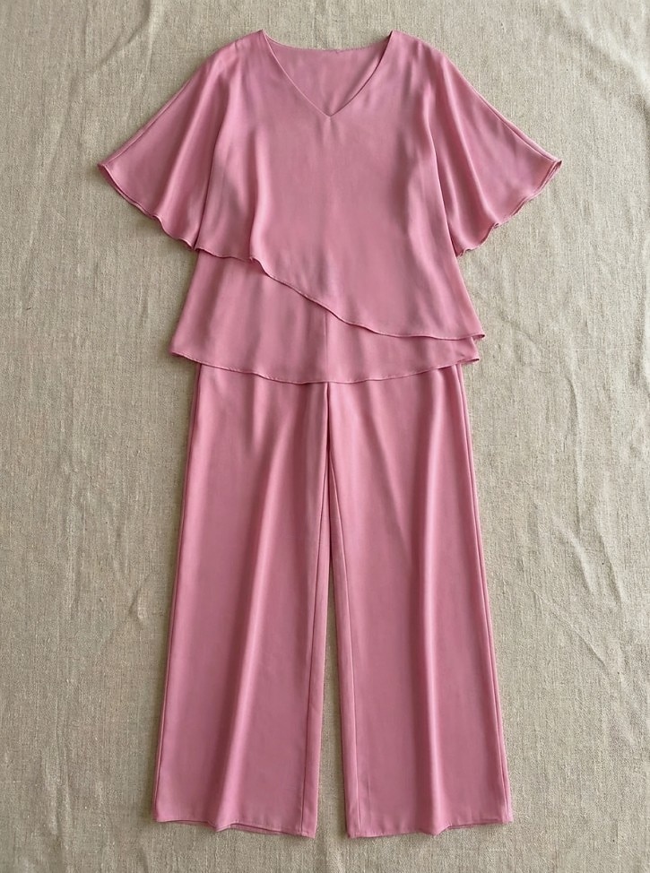 Women's Blouse Wide Leg Pants 3/4 Length Sleeve V Neck Plain Ruffle Fashion Streetwear Daily Casual Daily Pink Purple Khaki Spring &  Fall Regular Fit 2026 - $43.99 –P2