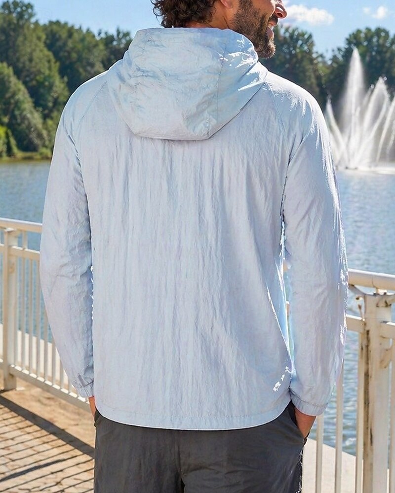 2026年 男性用 ソリッド ランニングジャケット アウトドアジャケット フード付きジャケット 夏 春 秋 ポケット フルジップ 長袖 日焼け防止 防風 UVプロテクション ライトウェイト 高通気性 釣り ハイキング ランニング ブルー アメジスト 蛍光グリーン スポーツウェア アクティブウェア  コレクション – $40.99 –P3