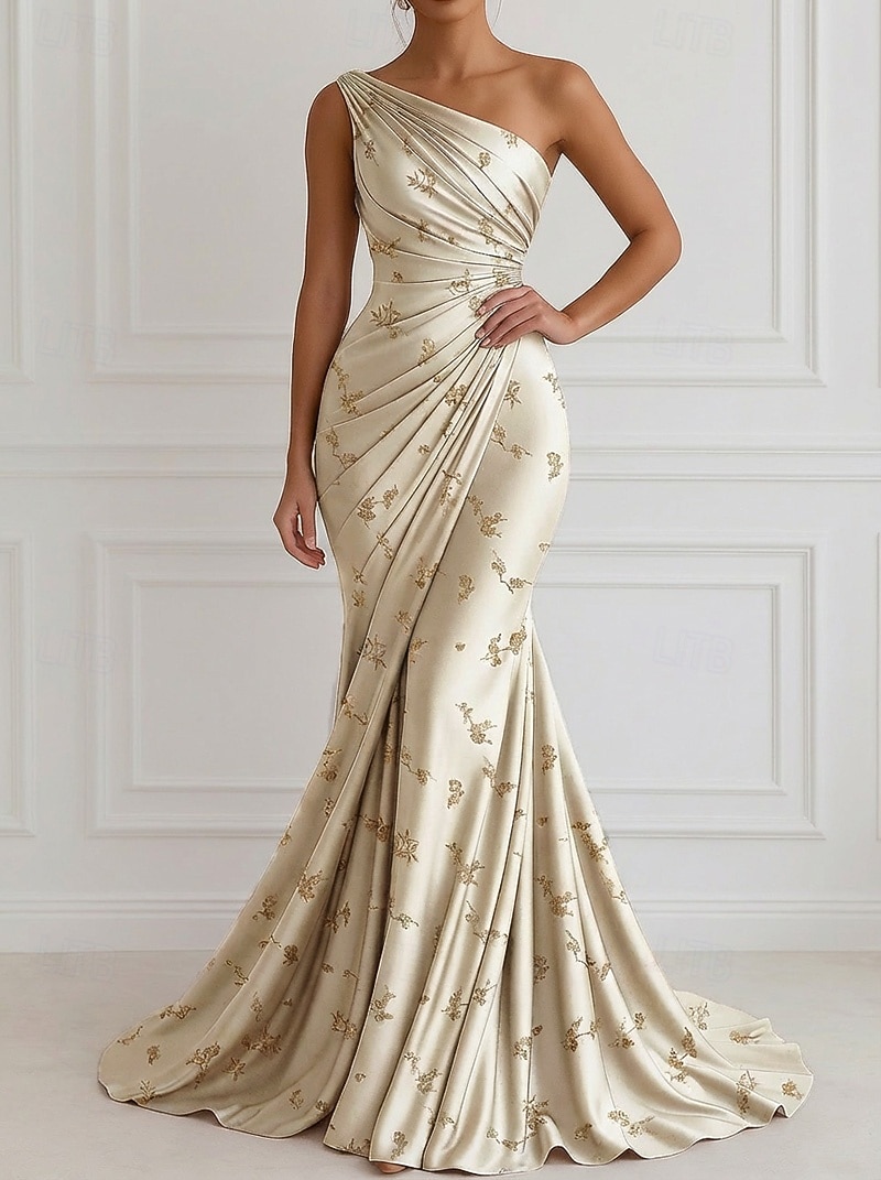Meerjungfrauenschnitt Bodenlange Schleppe Abendkleid Elegant Blumen seidig Ärmellos Ein-Schulter Abendgesellschaft Gartenparty Satin Jacquard mit Gerafft 2026 - $205.89 –P1