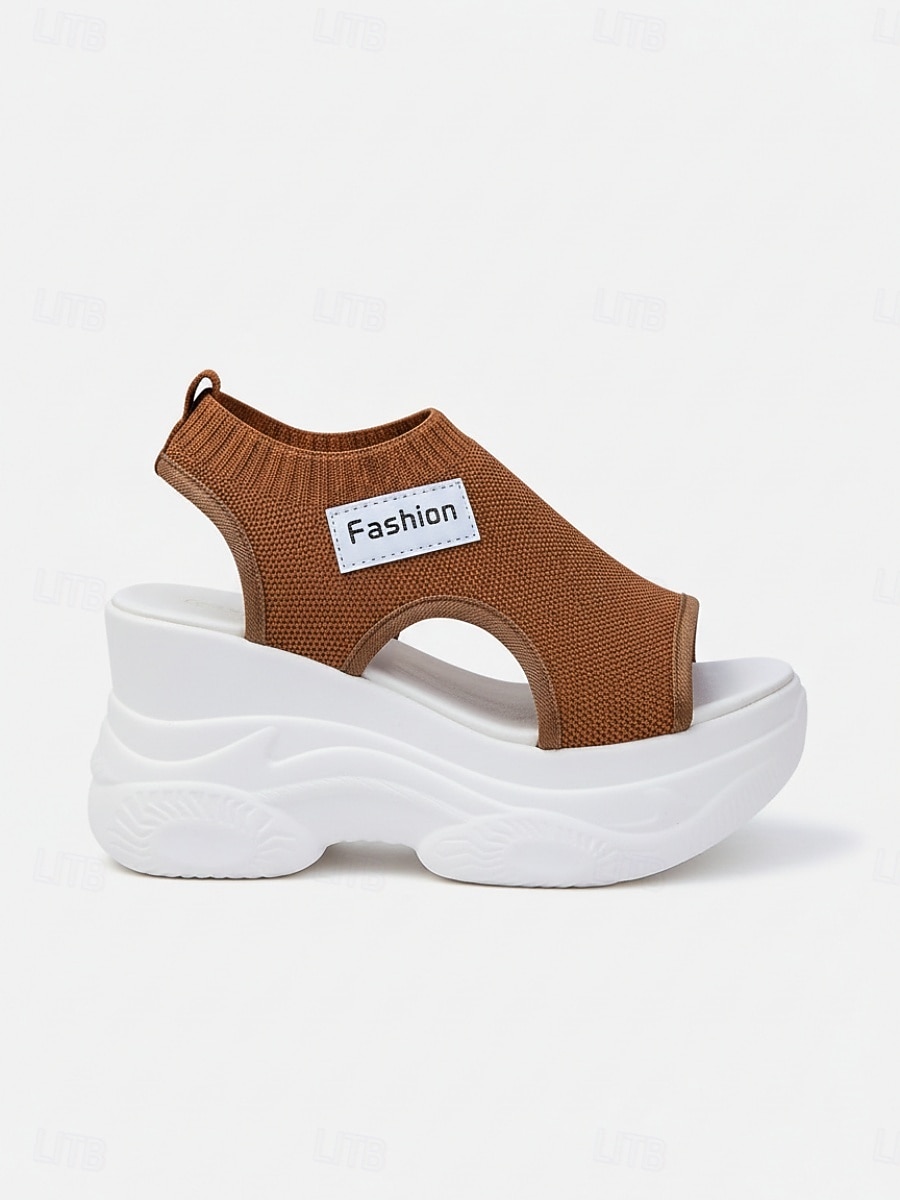 Damessandalen met sleehak in bruin gebreid materiaal, ademende gebreide sportsandalen, veelzijdige casual schoenen voor vakantie en wandelen. &zomerse dag 2026 - $26.99 –P5