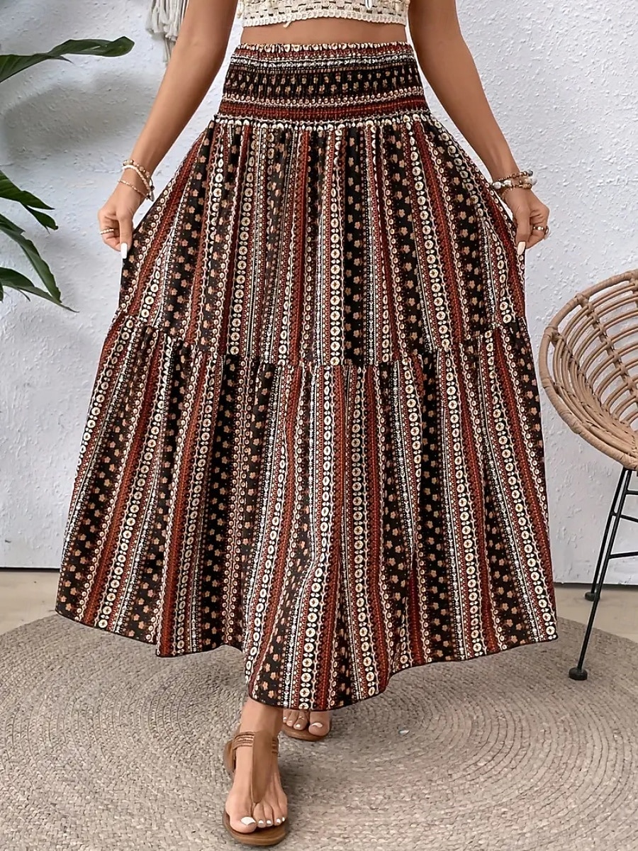 Mujer Falda de vacaciones Bohemia Vintage Casual Maxi Alta cintura Faldas Cachemir Estampado Elástico Diario Calle Negro Vino Rojo Naranja Verano 2026 - $26.99 –P12