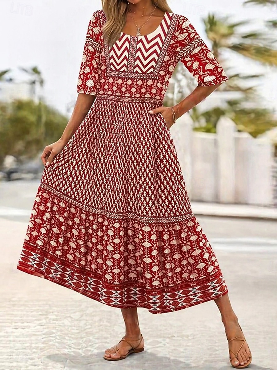 Damen Midikleid Sommerkleid Urlaub Lässig Boho Täglich Strand Normale Passform Blumen Halbarm Rundhalsausschnitt Blau Rote Dunkelblau Beige Sommer Frühling 2026 - $32.99 –P5