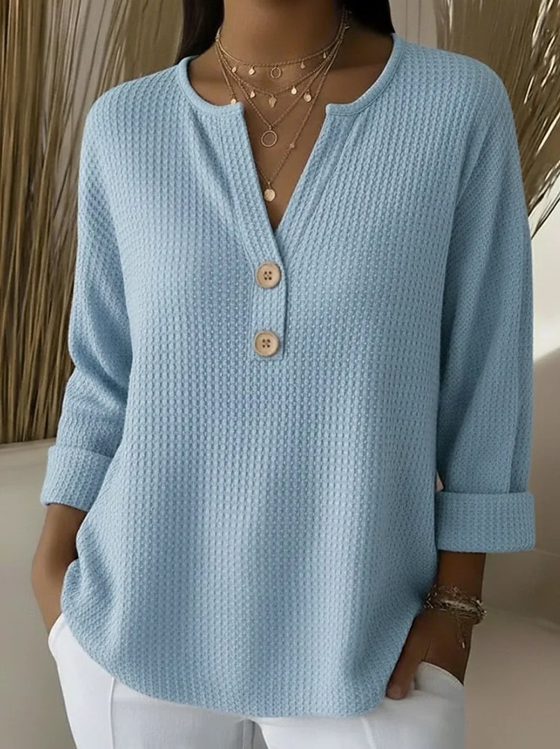 2026年 女性用 ブラウス ボタン 純色 日常 スタイリッシュ カジュアル 長袖 Ｖネック レギュラートップス 日常 ブルー ルビーレッド パープル オレンジ グリーン 春 秋  コレクション – $25.99 –P1