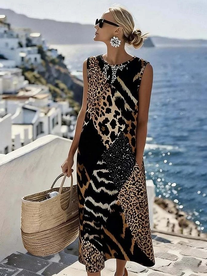 Pentru femei Rochii Midi Rochie de schimb Rochie de Vară Rochie A line Vacanță Casual Boho Plajă Ieșire Fit regulat Grafic Animal Geometric Fără manșon Crewneck Negru Vară Primăvară 2026 - $37.99 –P1