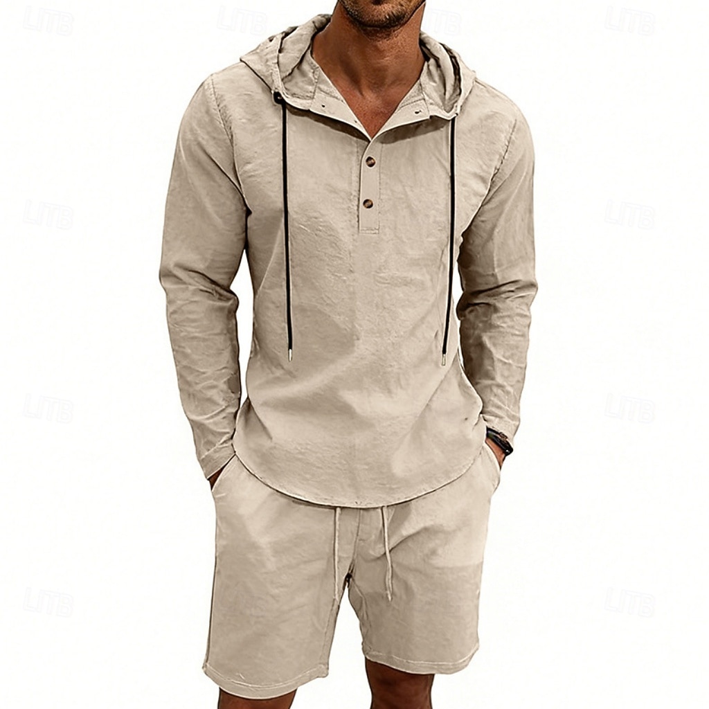 Herre Linskjorte 2 deler Popover skjorte Og Shorts Lin Shorts Strandshorts Sett عادي Daglig utendørs Feriereise Med hette Langermet Sommer Mote Fritid Bekvem Klær 2026 - $36.99 –P16
