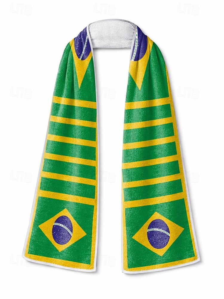 2026年 ブラジル国旗柄のメンズポリエステルタオルスカーフ。サッカーの試合観戦、スタジアムイベント、スポーツ観戦、普段使いに最適な、柔らかいサッカーファン応援スカーフです。  コレクション – $11.99 –P7