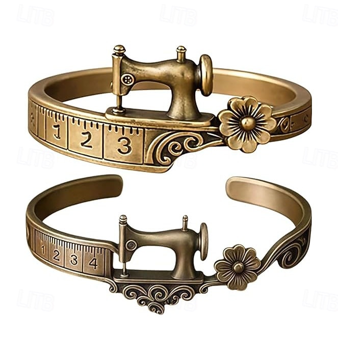 2 st vintage symaskinsmanschettarmband &ringset, armband med måttband i antik brons, unika smycken som present till hantverkare, skräddare, quiltare 2026 - $22.99 –P1