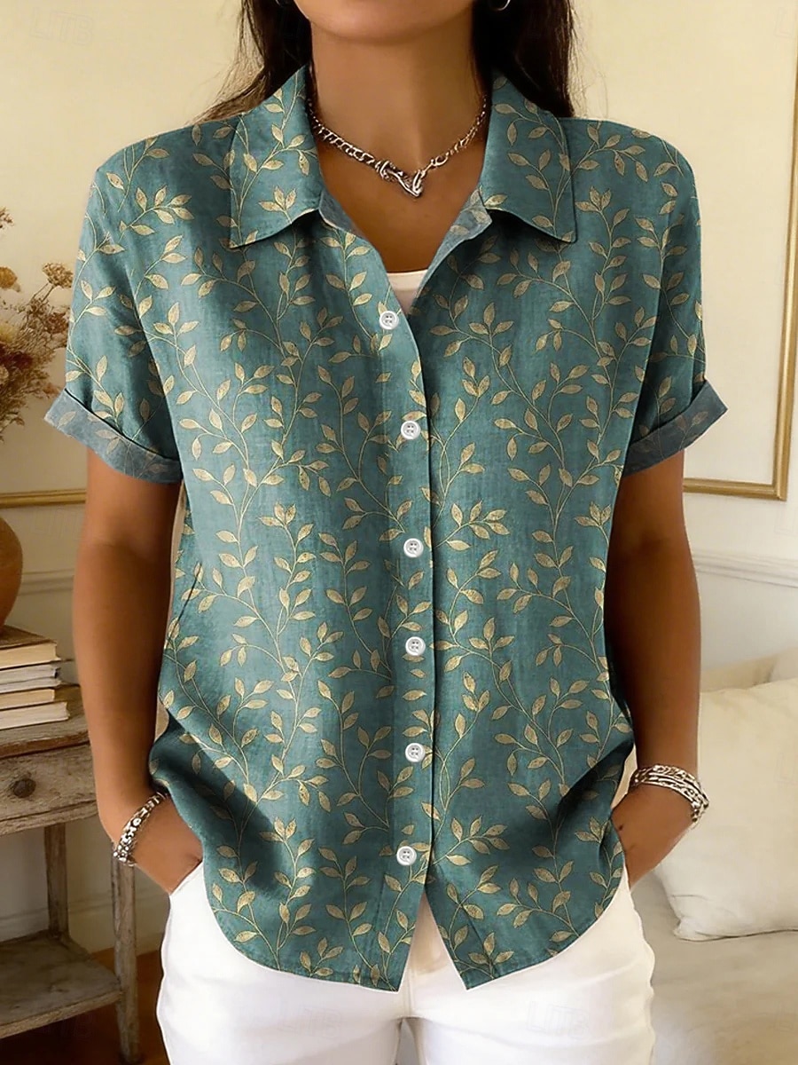 Mujer Camisa Botones Estampado Floral Graphic Geométrico Diario Elegante Casual Manga Corta Cuello Camisero Tops cortos Casual Diario Verde salvia Verde Trébol Verano Primavera 2026 - $28.99 –P1