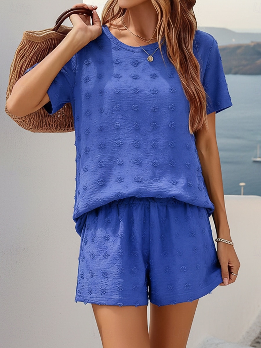 Women's Textured Shorts Sets Short Sleeve Round Neck Solid Color Fashion Streetwear Casual Daily Outdoor Blue Black Camel Summer Loose Fit 2026 - $41.99 –P3