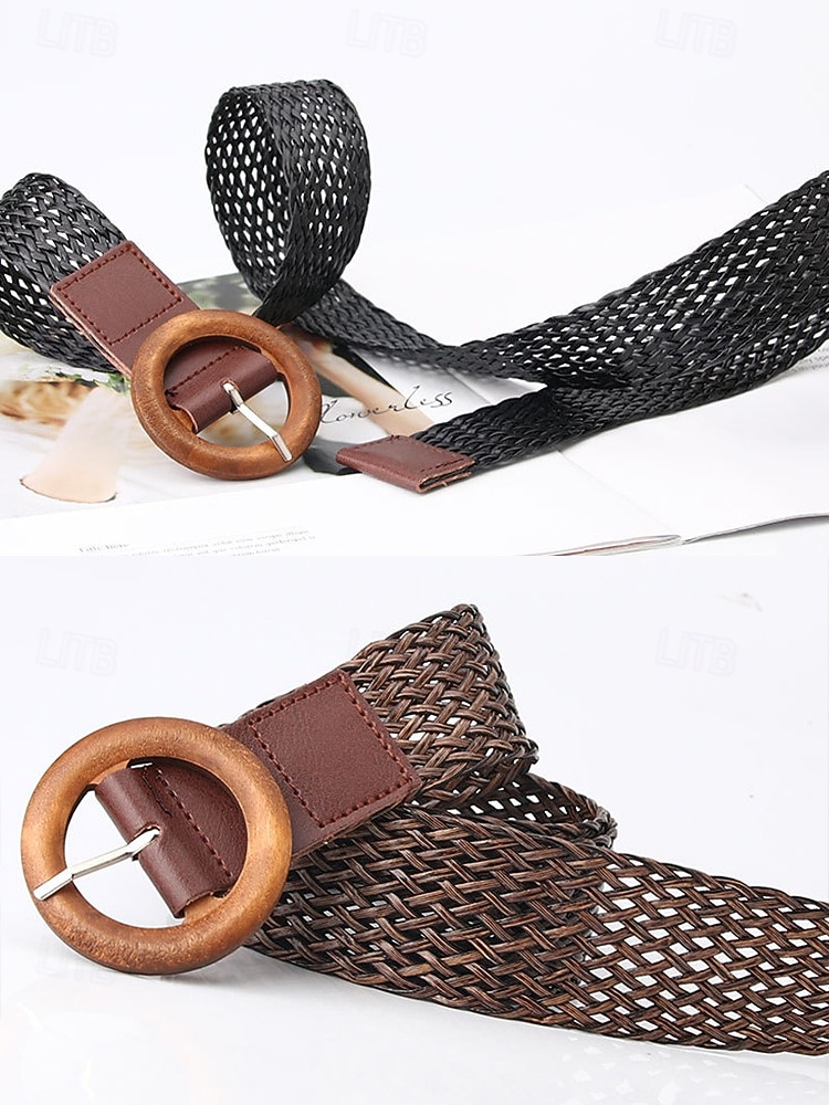 Boho-Taillengürtel für Damen, mehrfarbiger, elastischer Flechtgürtel mit runder Vintage-Holzschnalle – ideal für Strandurlaub, Sommerresort und lässigen Alltag. 2026 - $11.99 –P9