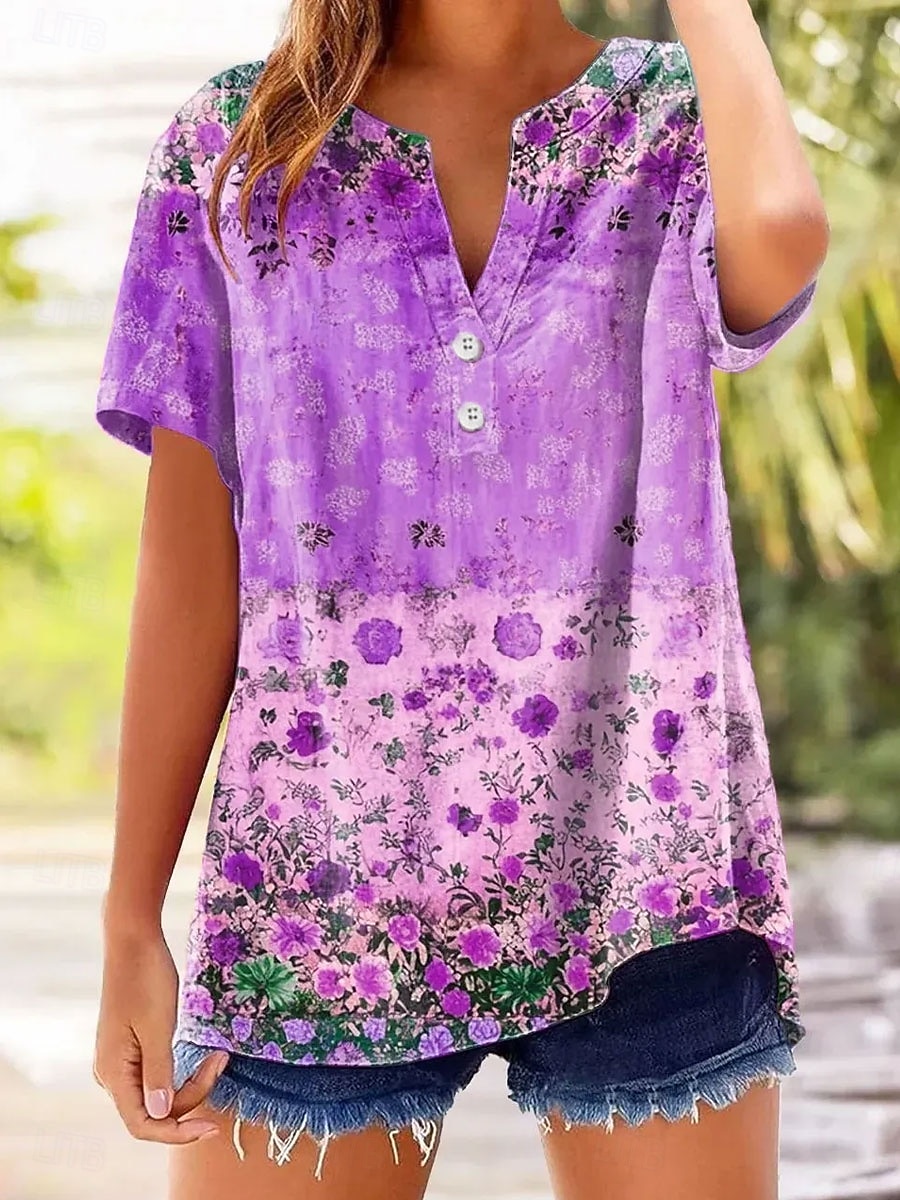 Damen T Shirt Blumen Grafik Pflanzen Stilvoll Klassisch Kurzarm V Ausschnitt Normale Oberteile Lässig Täglich Blau Rosa Purpur Sommer Frühling 2026 - $27.99 –P3