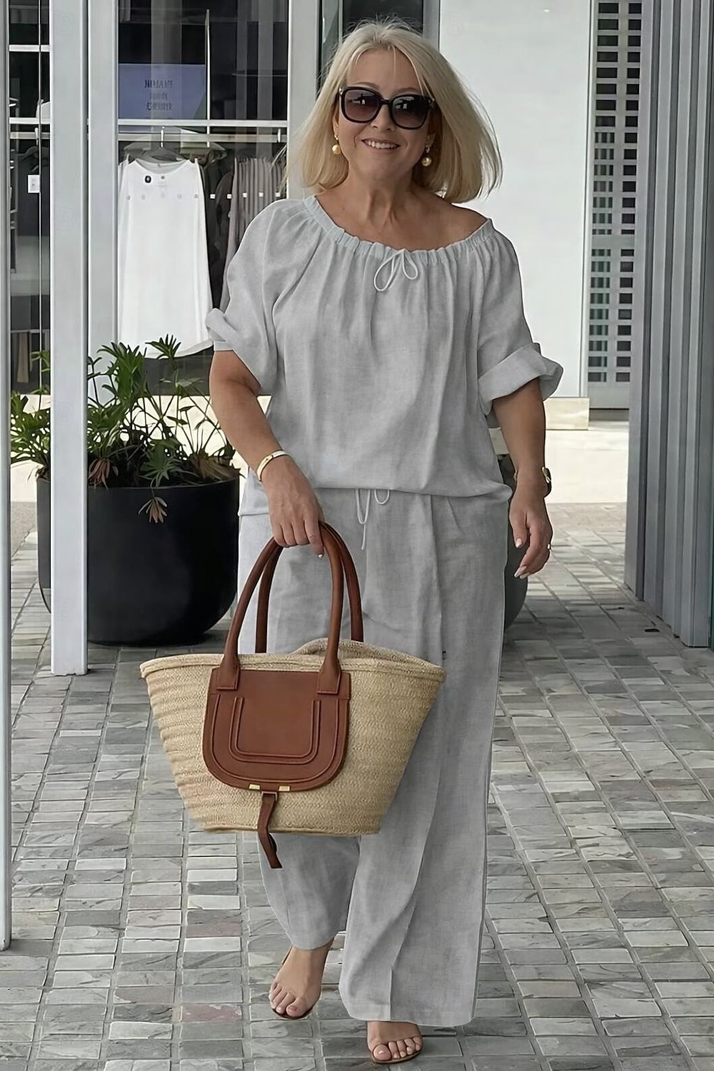Damen Hosen-Sets Kunstbaumwollleinen Kurzarm Rundhalsausschnitt Einfarbig Mode Streetwear Lässig Täglich Outdoor Blau Schwarz Weiß Frühling & Sommer Lässiger Schnitt 2026 - $44.99 –P6
