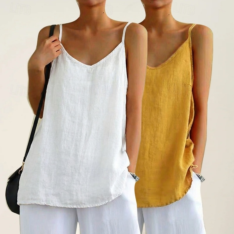multi pack 2pcs camicie da donna in cotone e lino camicetta senza maniche camicia patchwork bottoni semplice quotidiano elegante basic senza maniche scollo a V top regolari quotidiano vacanza uscire del 2026 a $21.99 –P8