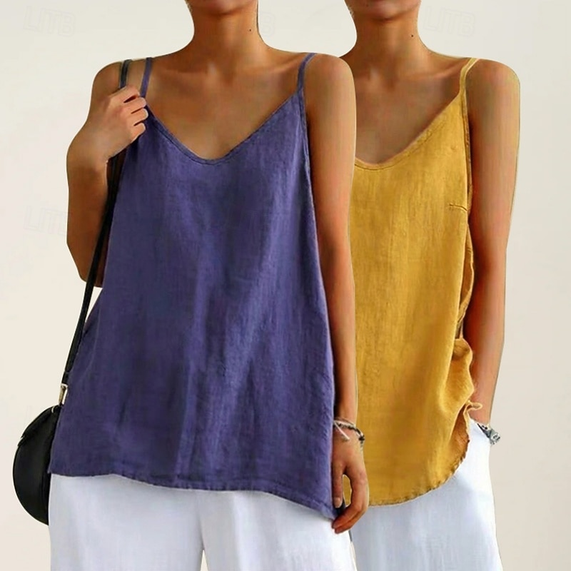 multi pack 2pcs camicie da donna in cotone e lino camicetta senza maniche camicia patchwork bottoni semplice quotidiano elegante basic senza maniche scollo a V top regolari quotidiano vacanza uscire del 2026 a $21.99 –P4