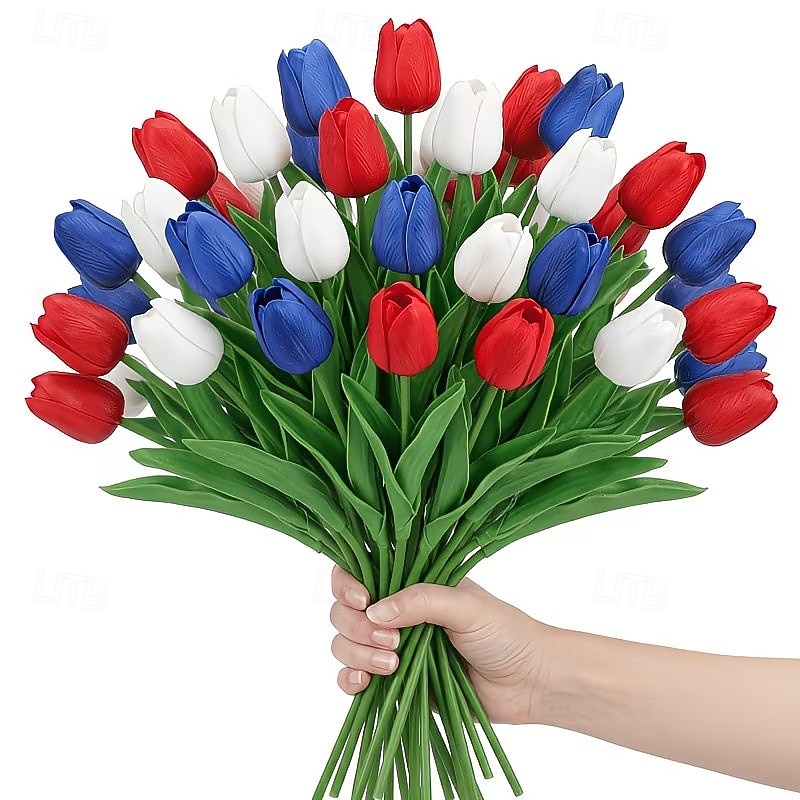 Conjunto de 20 tulipas artificiais vermelhas, brancas e azuis com toque realista, flores patrióticas de imitação adequadas para decorações do Dia da Independência (4 de julho), decoração de casa e de 2026 por $22.99 –P3